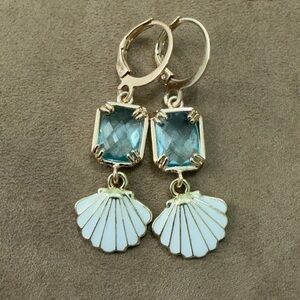 NEW Gold Hoop Earrings with Blue Gem and White Shell Charm
